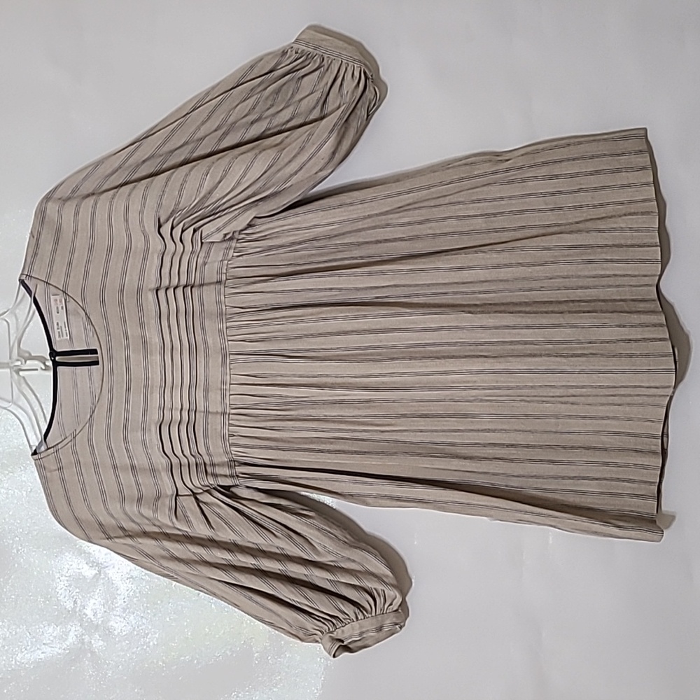 ZARA KIDS‎ Girls Striped Beige Smocked Dress Balloon Sleeves - Size 11-12